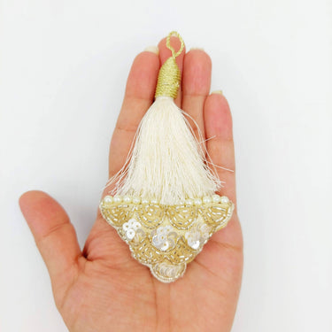 Off White Tassels In Gold and White Bead and Sequins, Indian Latkans, Blouse Latkan